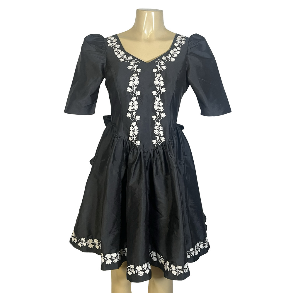 Batsheva Dress Womens 4 Black Floral Embroidered Puff Sleeve Fit & Flare Midi